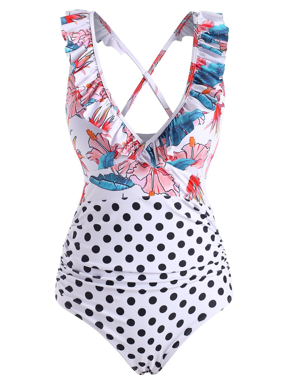 Ruffle Polka Dot Flower Criss Cross One-piece Swimsuit - multicolor L