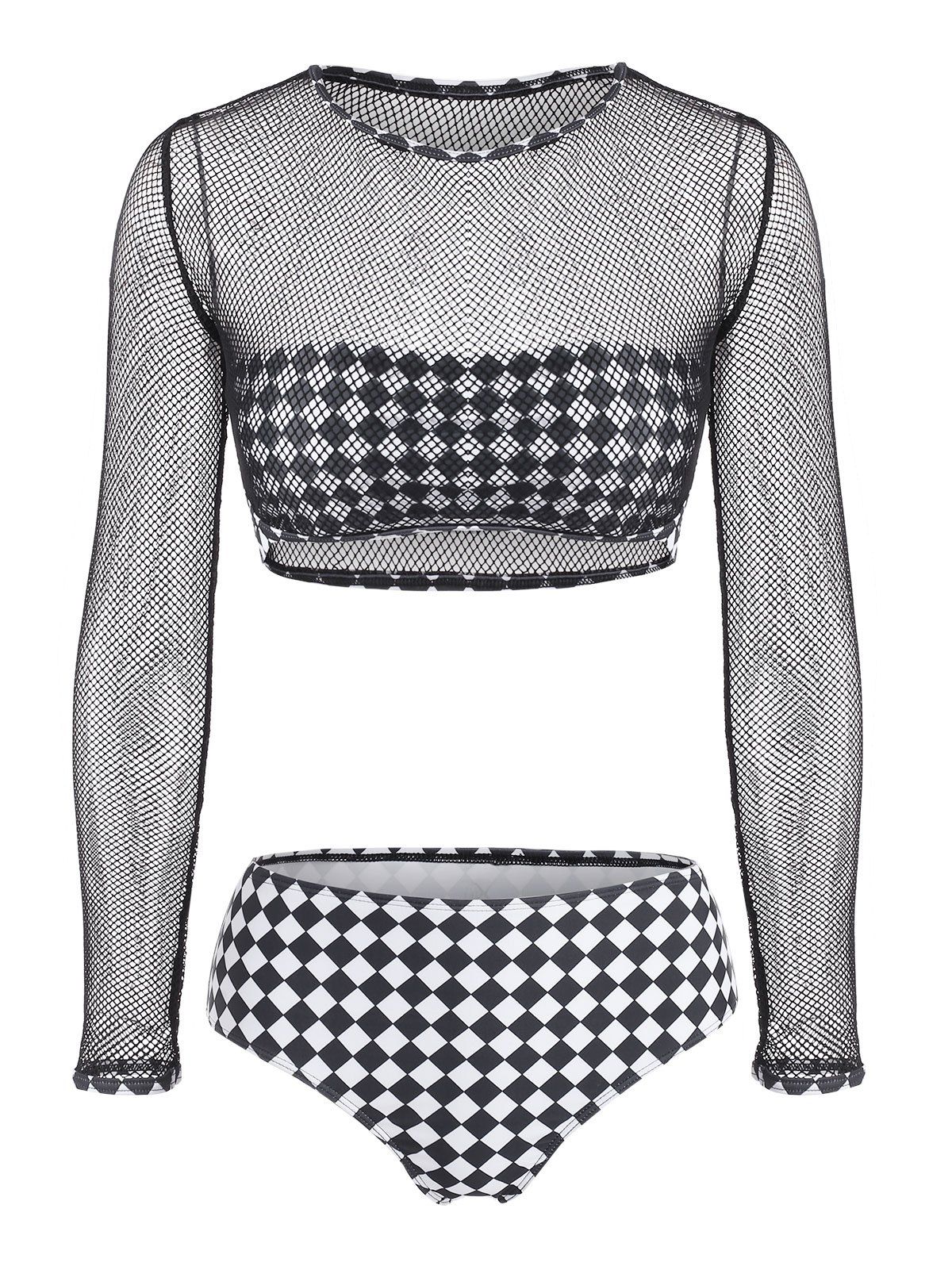 Checkered Fishnet Bandeau Three Piece Bikini Swimwear - BLACK XL