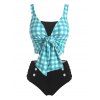 Maillot de Bain Tankini Boutonné en Vichy avec Nœud Papillon à Volants - Bleu clair S
