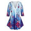 T-shirt Imprimé Fleuri à Demi-Bouton de Grande Taille - Bleu 4X