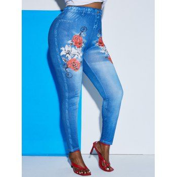 

Plus Size 3D Printed Rose Pattern Jeggings, Blue