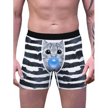 

Ink Striped Kitty Print Stitching Boxers, White