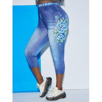 

Plus Size 3D Side Flower Print Capri Jeggings, Blue