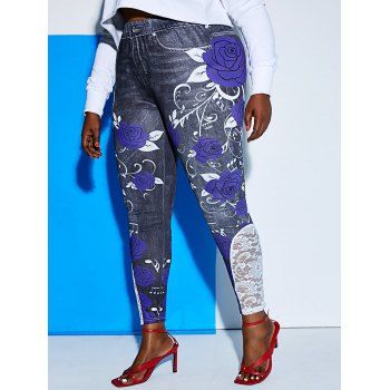 

Plus Size Rose Print Lace Insert Leggings, Multicolor