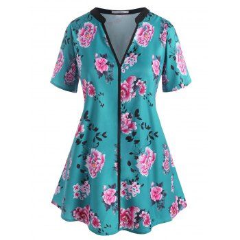 

Plus Size Flower Print V Cut Long Blouse, Deep green