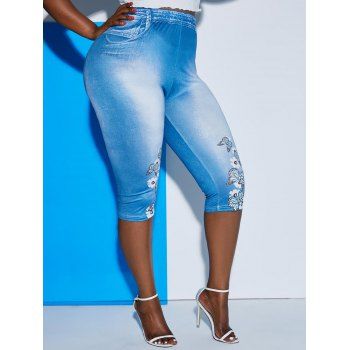 

Floral Butterfly 3D Print Plus Size Capri Jeggings, Blue