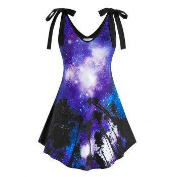 

Plus Size Bowknot 3D Galaxy Print Tank Top, Black