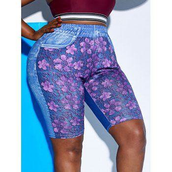 

Plus Size 3D Print Floral Short Jeggings, Blue