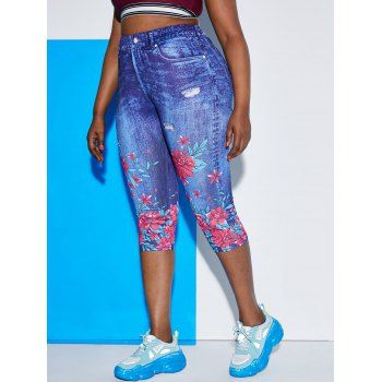 

Plus Size Floral 3D Jean Print Cropped Jeggings, Blue
