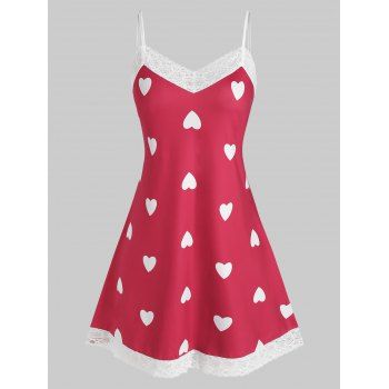 

Plus Size Lace Trim Heart Print Sleep Dress, Red