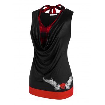 

Plus Size Cowl Neck Plaid 2 in 1 Tank Top, Black