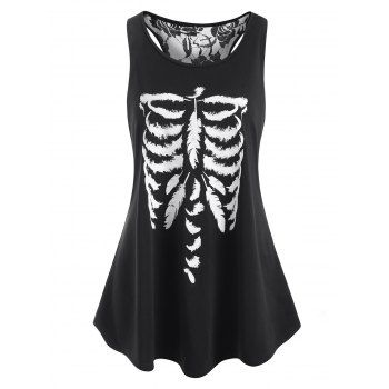 

Plus Size Feather Print Lace Racerback Tunic Tank Top, Black