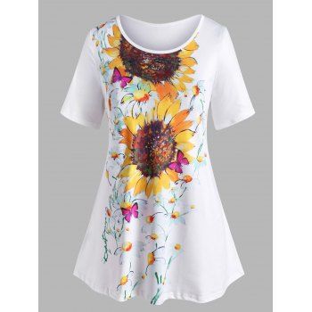 

Plus Size Sunflower Print Short Sleeve Tunic Tee, White