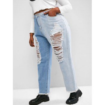 

Plus Size Ladder Distressed Contrast Frayed Hem Jeans, Light blue