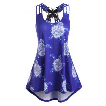 

Plus Size Turtle Flower Print Butterfly Applique Straps Tank Top, Blue