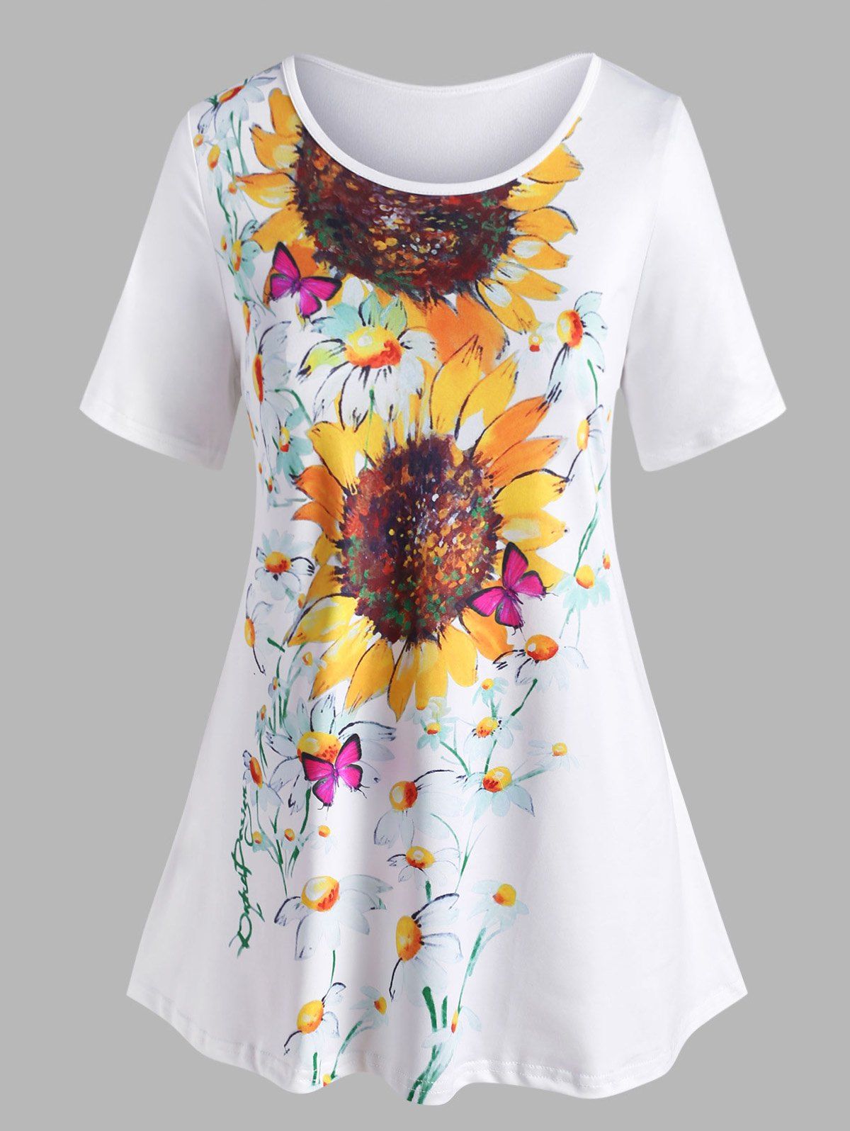 Plus Size Sunflower Print Short Sleeve Tunic Tee - WHITE L