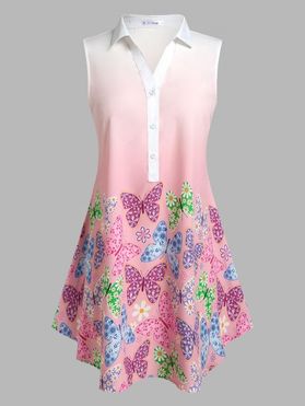 Plus Size Sleeveless Butterfly Print Ombre Color Blouse
