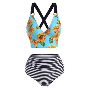 

Sunflower Striped Lace Up Tummy Control Tankini Swimwear, Multicolor