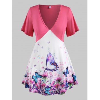 

Plus Size Butterfly Floral Short Sleeve Plunge Tee, Light pink