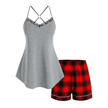 

Plus Size O Ring Strappy Top and Plaid Shorts Pajamas Set, Multicolor