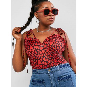 

Plus Size Tie Shoulder Ruffled Heart Print Valentine Bodysuit, Multicolor