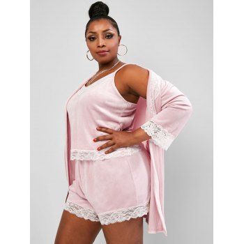 

Plus Size Lace Trim Velvet Three Piece Lounge Set, Light pink