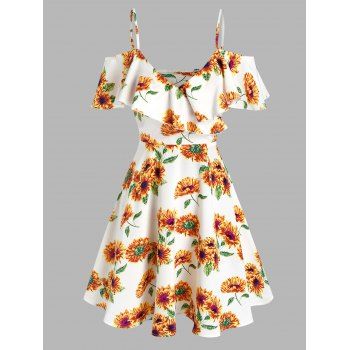 

Flower Pattern Flounce High Waist Sundress, White