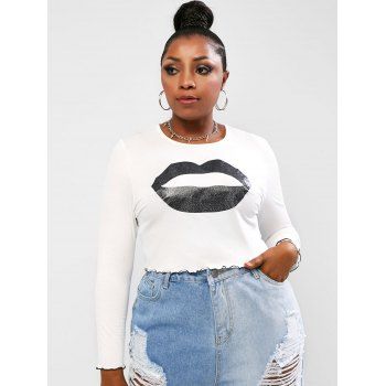 

Plus Size Sparkle Lip Print Lettuce Trim Cropped Tee, White
