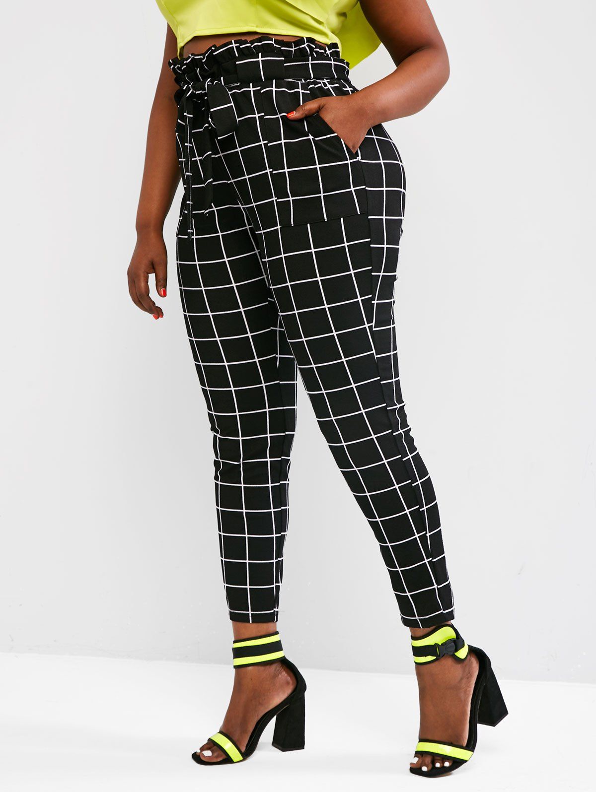 Plus Size Paperbag Waist Check Pattern Pants - BLACK L