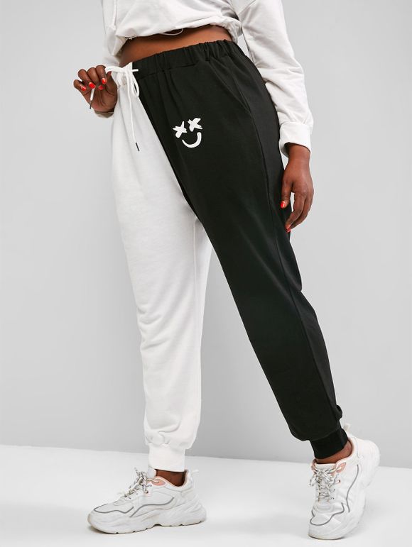 Pantalon de Survêtement Visage Imprimé en Blocs de Couleurs de Grande Taille à Cordon Pour Femme - Noir 3XL