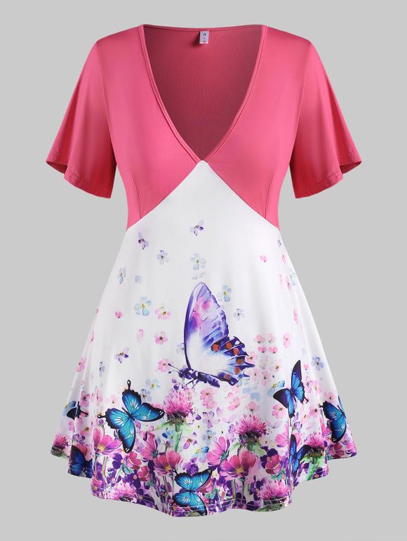 T-shirt Plongeant à Papillon Floral à Manches Courtes Grande Taille - Rose clair 4X