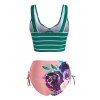Tummy Control Flower Stripe Vacay Swimsuit Tied Cinched High Waist Tankini Swimwear - GREEN S