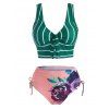 Tummy Control Flower Stripe Vacay Swimsuit Tied Cinched High Waist Tankini Swimwear - GREEN M