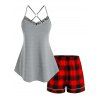 Ensemble de Pyjama Haut à Bretelle Bague en O de Grande Taille et de Short à Carreaux - multicolor L