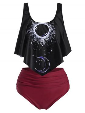Sun Moon Print Flounce Overlay Tummy Control Tankini Swimwear
