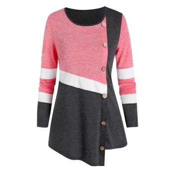 

Asymmetry Buttons Round Neck T Shirt, Pink