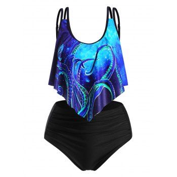 

Flounce Overlay Octopus Print Tummy Control Tankini Swimwear, Multicolor