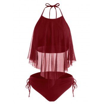 

Mesh Flounce Overlay Halter Tie Side Tankini Swimwear, Deep red