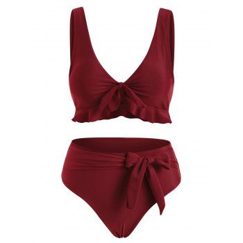 

Tied Ruffle Belted Tank Bikini Swimwear, Deep red