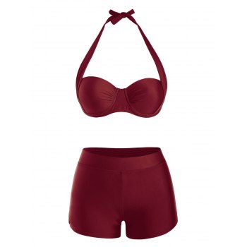 

Halter Underwire Boyshorts Push Up Bikini Swimwear, Deep red