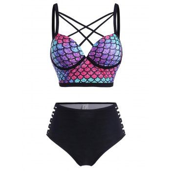 

Mermaid Print Moulded Criss Cross Tankini Swimwear, Multicolor