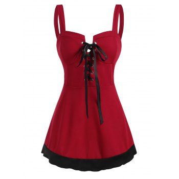 

Colorblock Lace Up Sweetheart Tank Top, Red