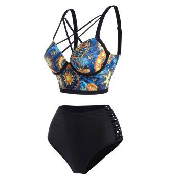 

Sun Planet Print Moulded Criss Cross Tankini Swimwear, Multicolor