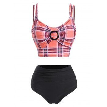 

Plaid Swimsuit O Ring Corset Style Tummy Control Tankini Swimwear, Light pink