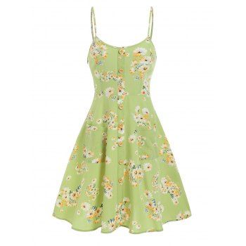 

Bohemian Floral Print Pockets Fit and Flare Dress, Light green