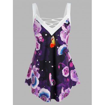 

Plus Size Butterfly Flower Print Lattice Tank Top, Concord