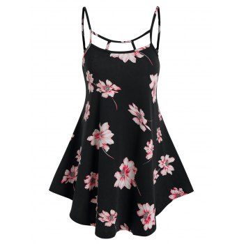 

Cutout Floral Print Tank Top, Black
