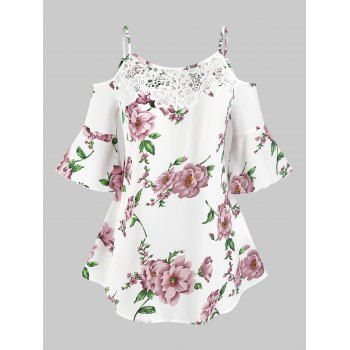 

Plus Size Cold Shoulder Bell Sleeve Floral Print Blouse, White