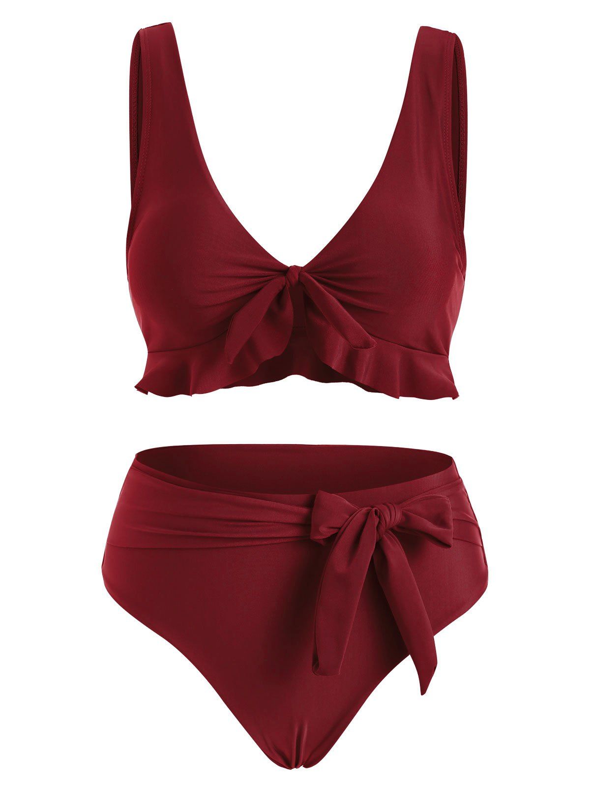 Tied Ruffle Belted Tank Bikini Swimwear - DEEP RED S