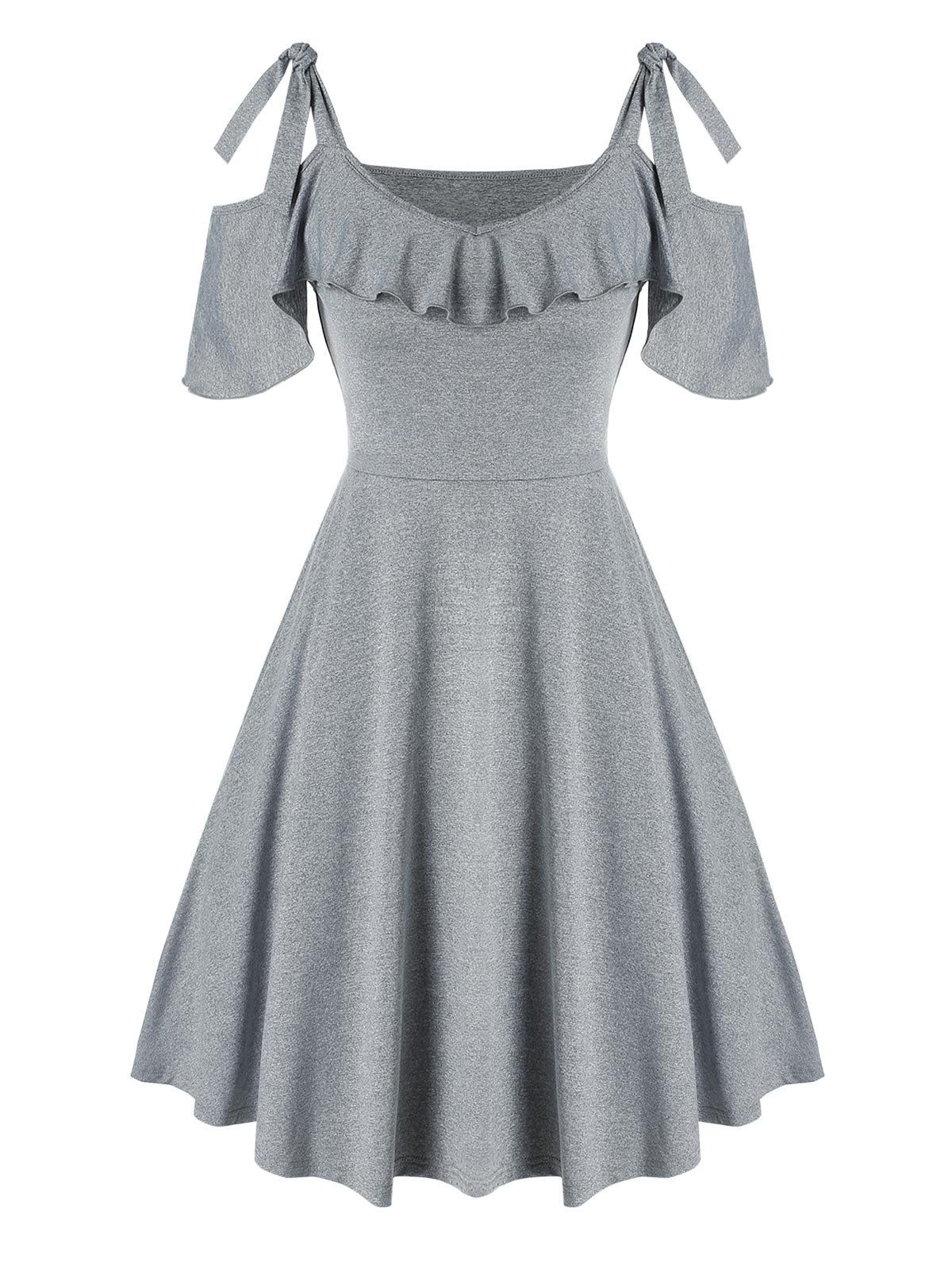 Cold Shoulder Tie Knot Ruffled Dress - GRAY M